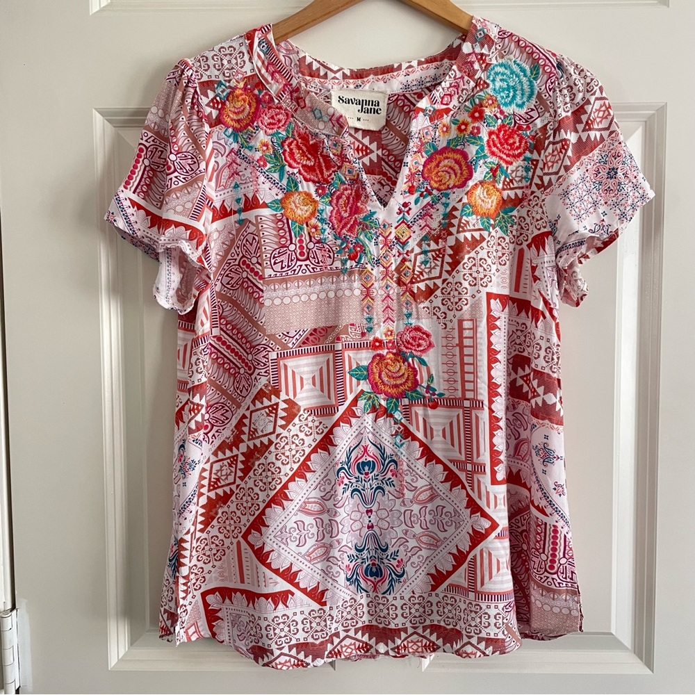 Savanna Jane Women's Floral Embroidered Top - Red and Pink